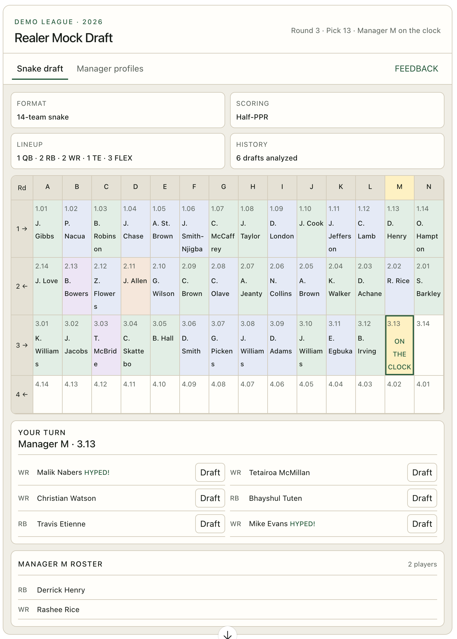 Realer Mock Draft running in a chat window: a 14-team snake draft board with Manager M on the clock, pick suggestions flagged HYPED!, and the manager's roster so far